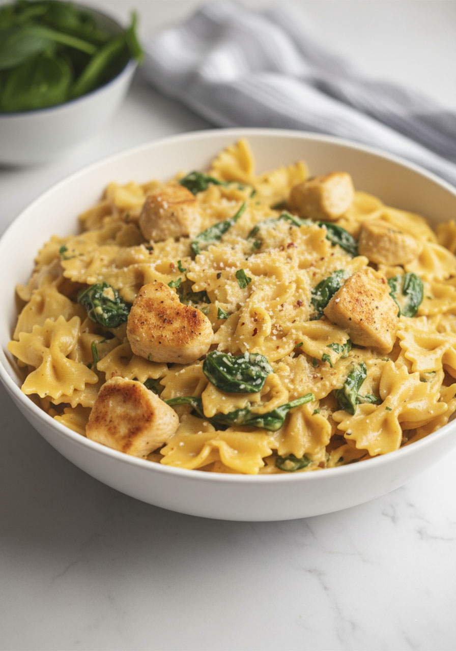 Single serving bowl of gluten-free dairy free chicken Alfredo with creamy sauce and seared chicken