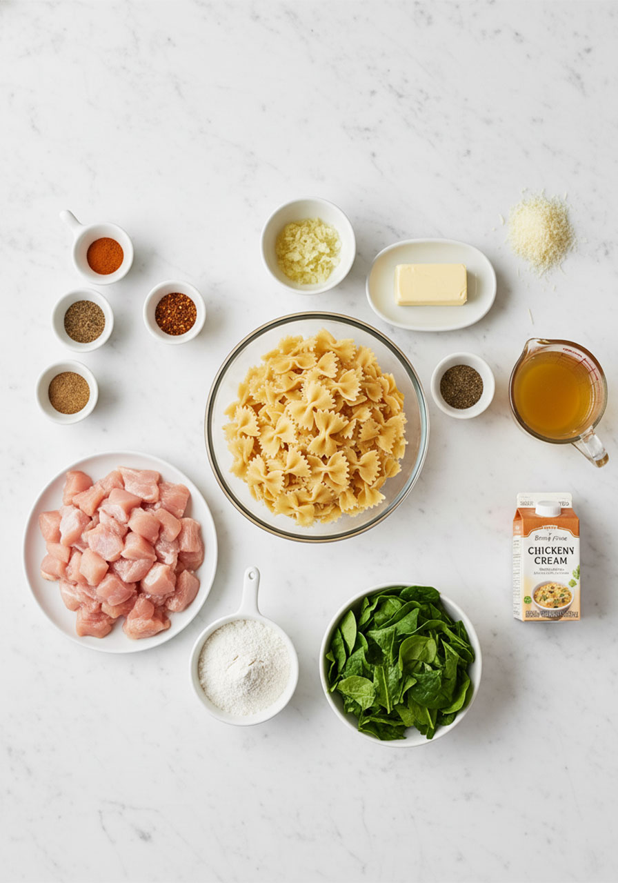 All ingredients needed for dairy free gluten free chicken Alfredo laid out on marble surface