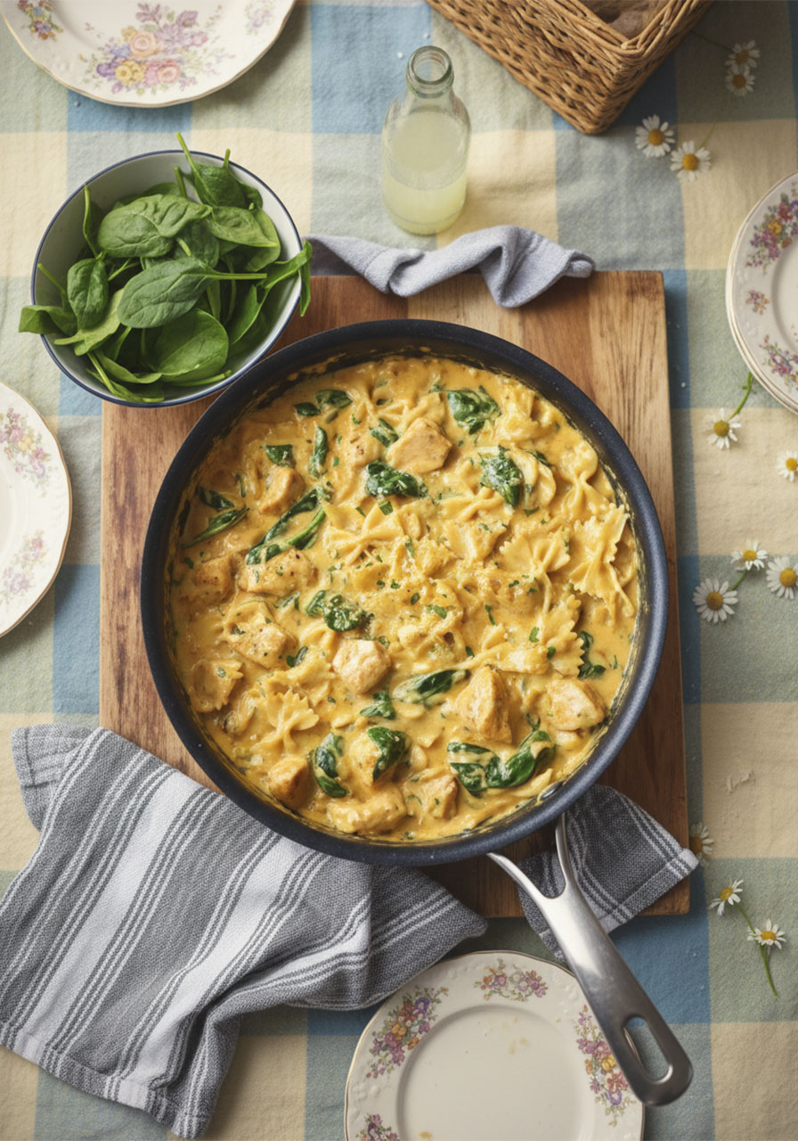 Dairy free chicken Alfredo with gluten-free farfalle pasta and spinach in a skillet