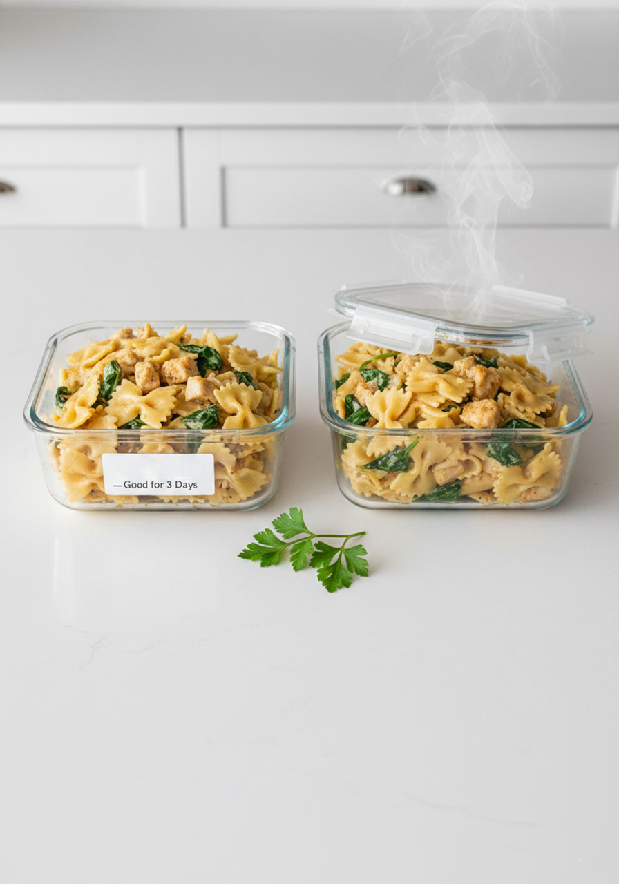 Leftover dairy free chicken Alfredo stored in airtight glass containers in the fridge