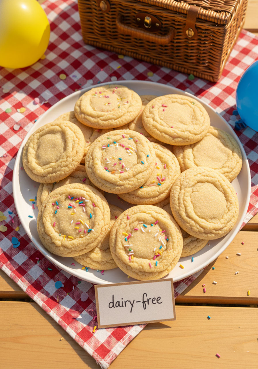 Dairy-free sugar cookies with sprinkles on a party platter for a kids birthday celebration