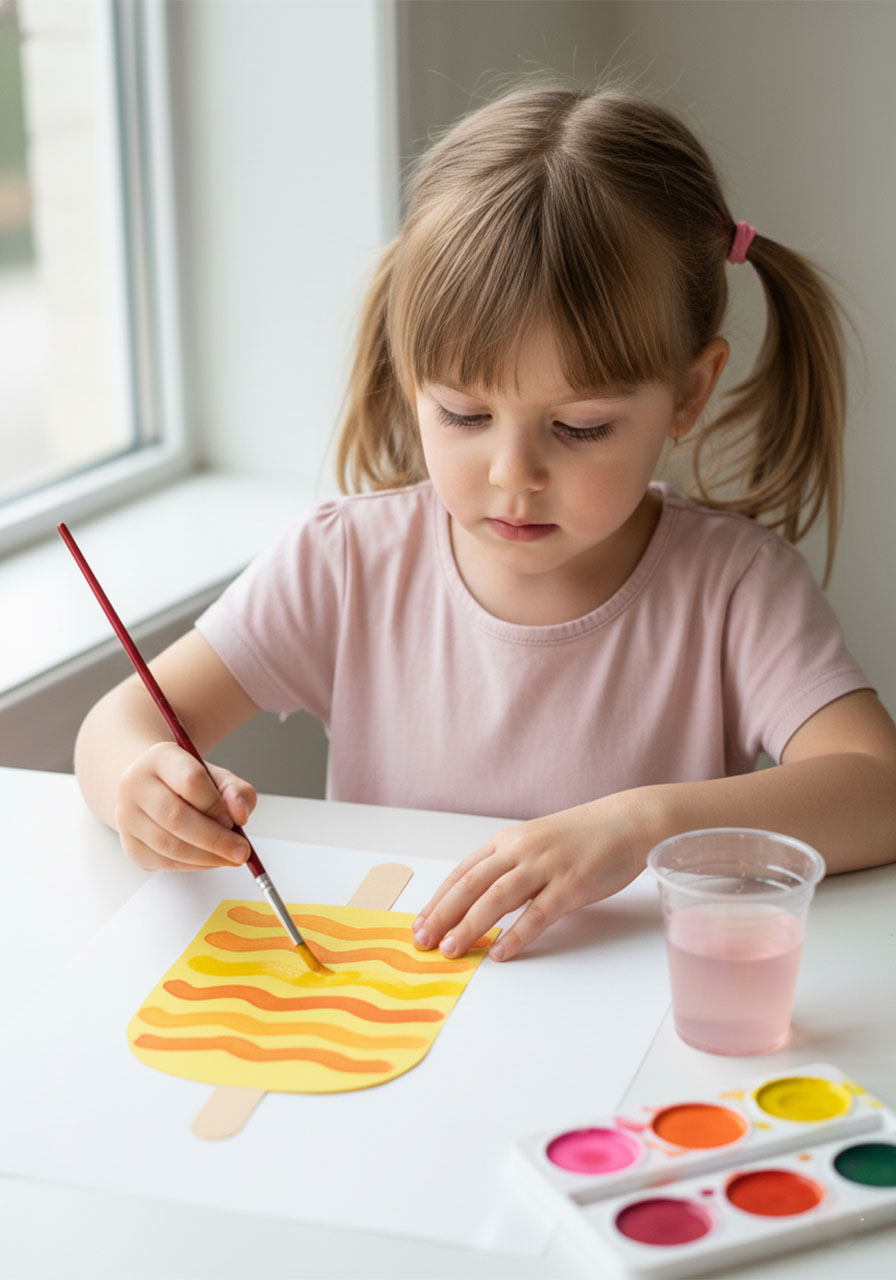 Young girl painting warm color stripe pattern on construction paper popsicle base for summer craft
