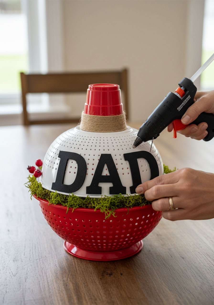 Gluing DAD letters and green moss onto a DIY colander fishing bobber for a Father's Day gift basket decoration step