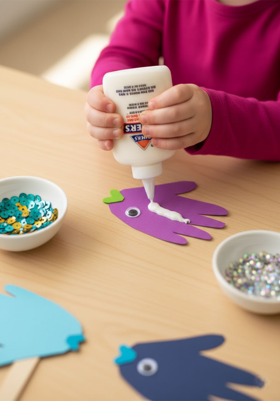 Child squeezing Elmer's glue onto purple construction paper handprint fish puppet surrounded by bowls of colorful sequins ready for decorating