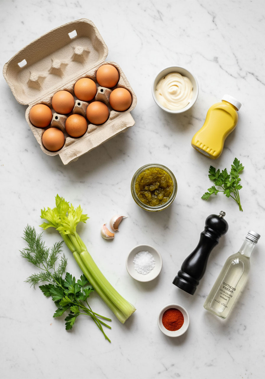 All ingredients for classic deviled eggs recipe laid out on marble countertop including eggs, mayo, mustard, dill relish, and fresh herbs