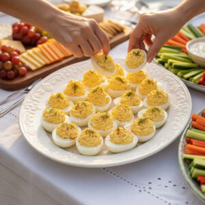 Classic deviled eggs on a potluck party serving platter surrounded by guests reaching in to take one