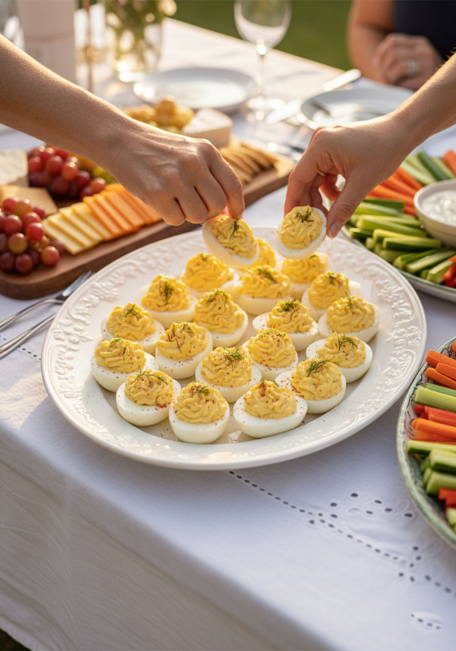 Classic deviled eggs on a potluck party serving platter surrounded by guests reaching in to take one