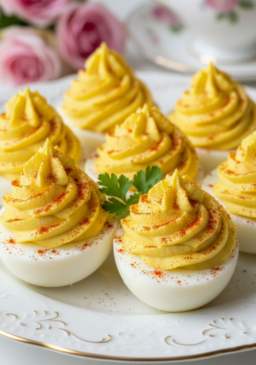Classic deviled eggs with piped yellow yolk filling and paprika on gold-rimmed white platter, arranged for an elegant tea party appetizer spread