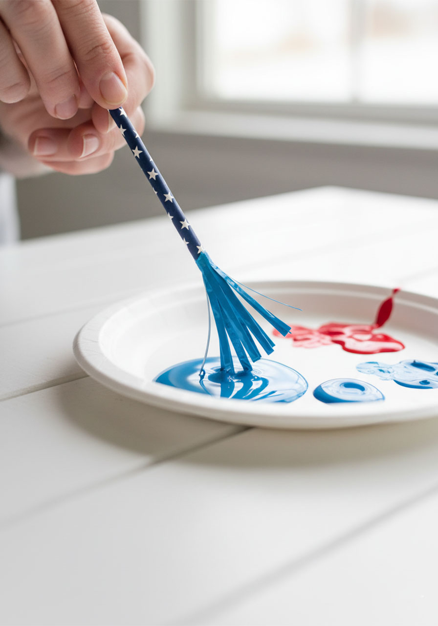 Adult woman's hand dipping fringe-cut paper straw tip into blue acrylic paint on palette plate for straw stamped 4th of July paper plate craft