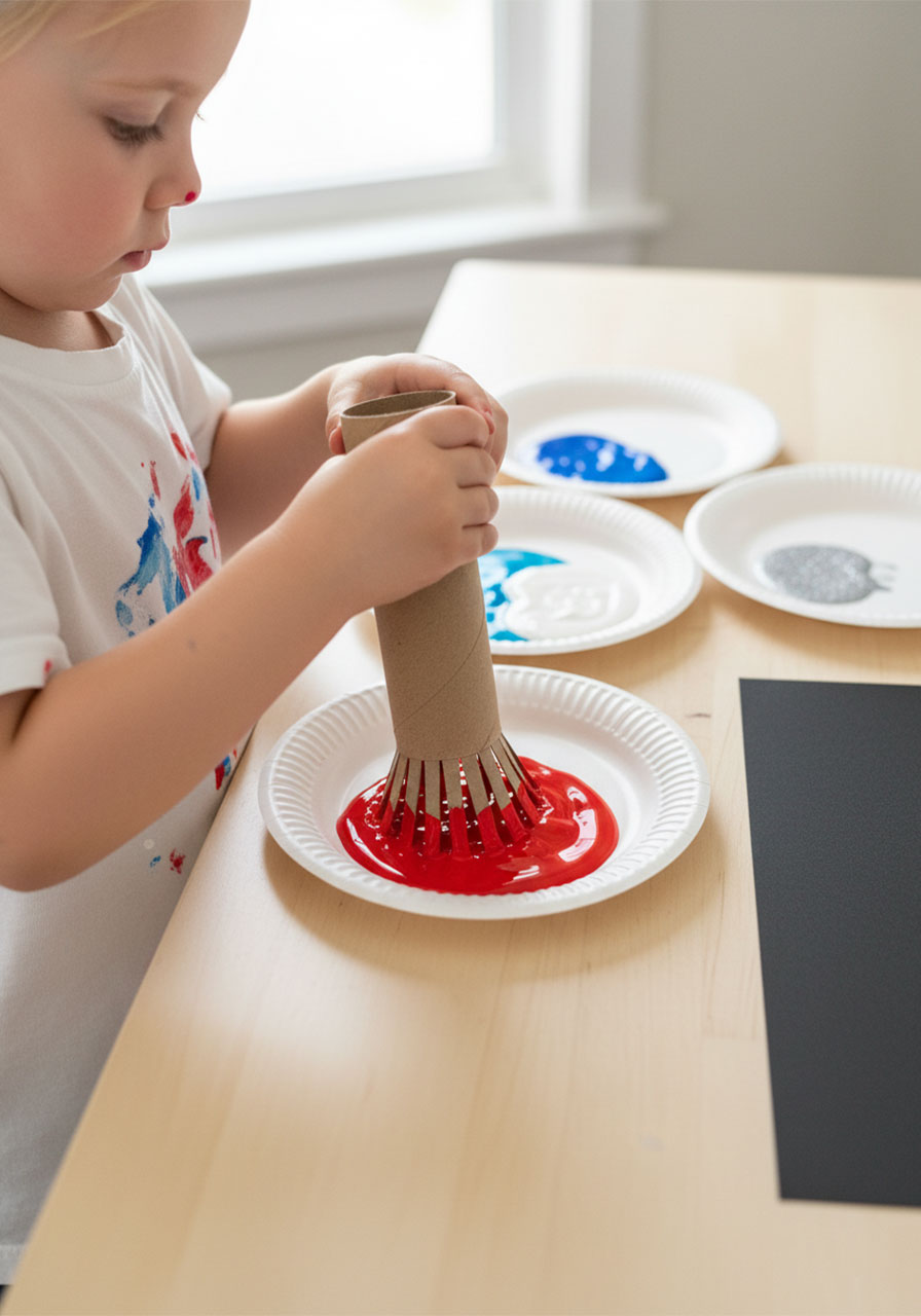 Young girl dipping toilet paper roll firework stamp into red paint on paper plate for 4th of July kids painting craft