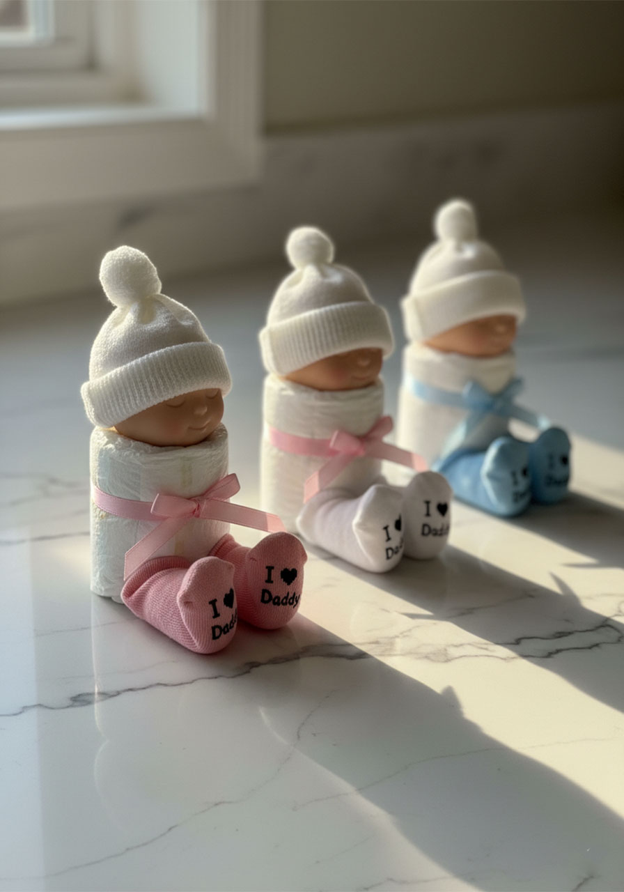 Three handmade diaper baby figurines with tiny hats and "I Love Daddy" socks arranged in a row, adorable DIY baby shower gift for new dad