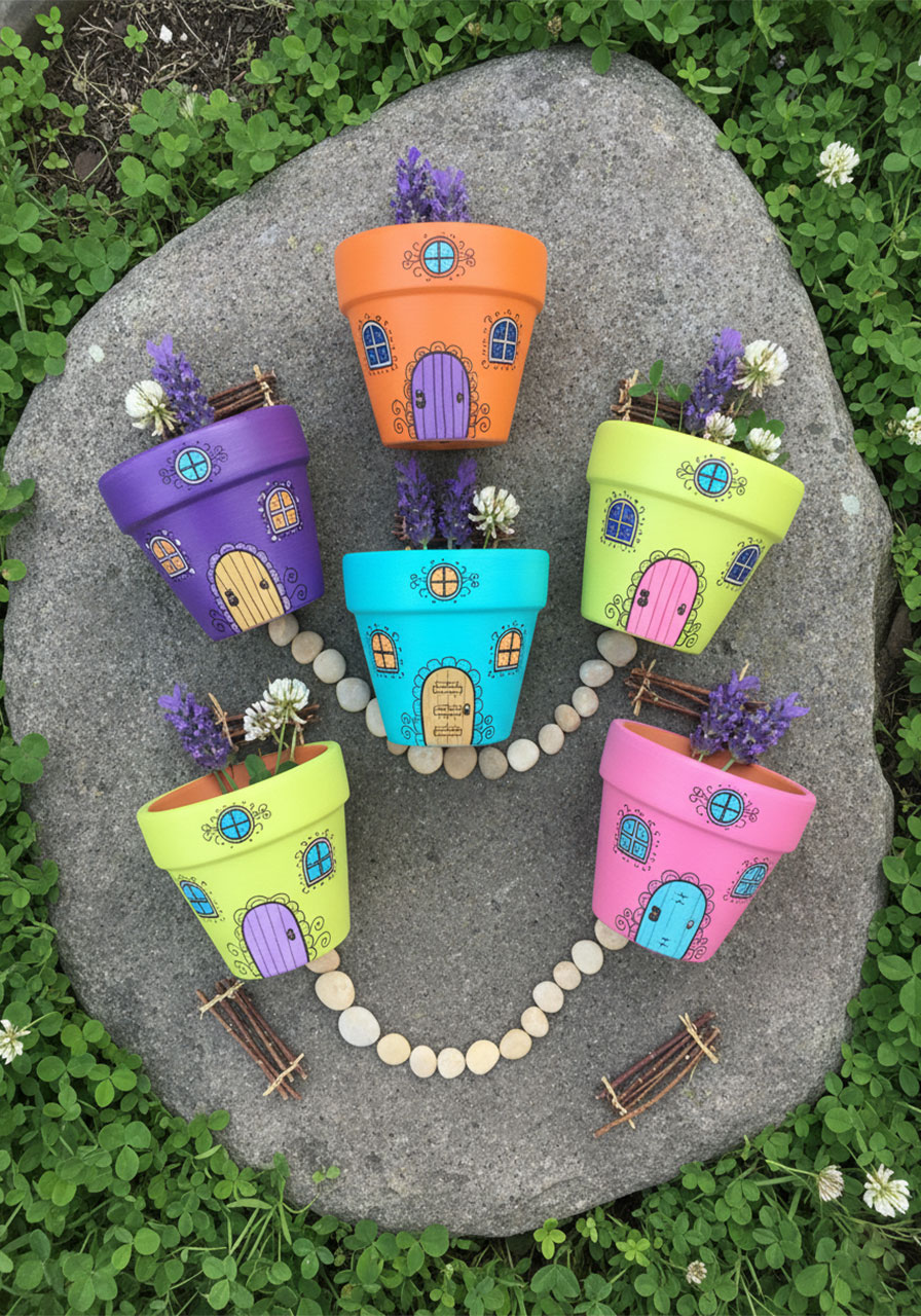 Overhead view of a complete DIY fairy village made from painted terra cotta pots in a garden