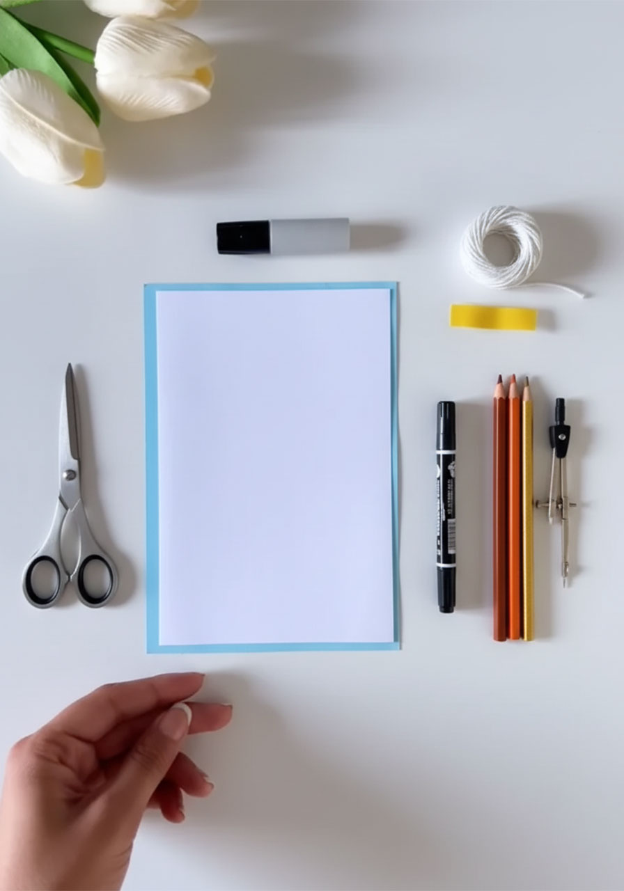 All supplies needed for DIY pull-string Father's Day card including cardstock twine foam tape scissors and markers