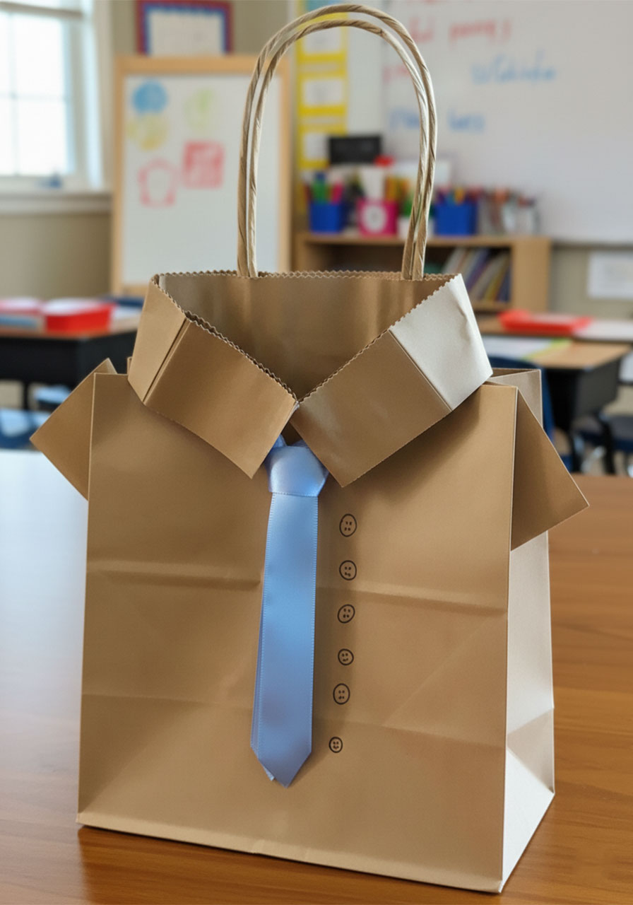 Finished DIY Father's Day gift bag decorated as a shirt and tie using a brown kraft paper bag and blue ribbon
