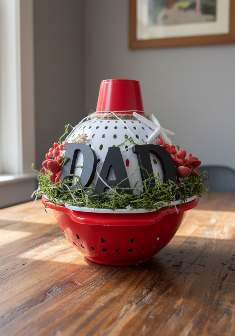 Completed DIY fishing bobber gift basket made from red and white colanders with DAD letters for Father's Day