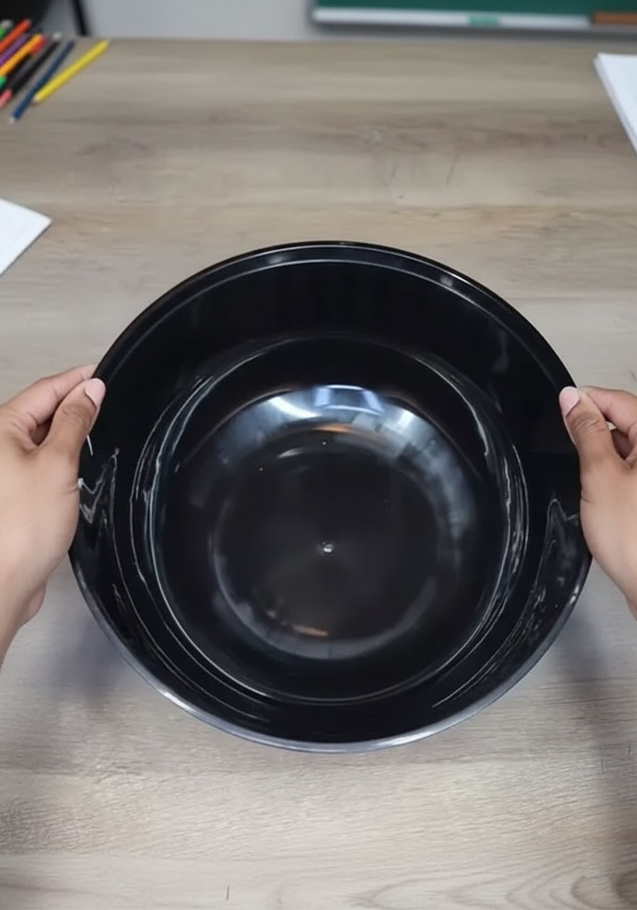 Step-by-step DIY mini grill: adult hands placing black wooden skewers in a grid pattern inside a round black plastic bowl to create a grill grate step2a