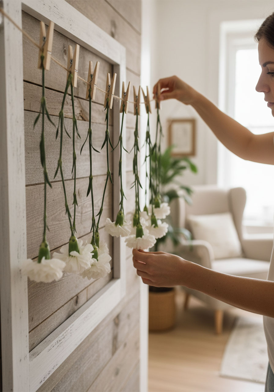 DIY hanging flower photo backdrop for a tea party using fresh carnations and clothespins.