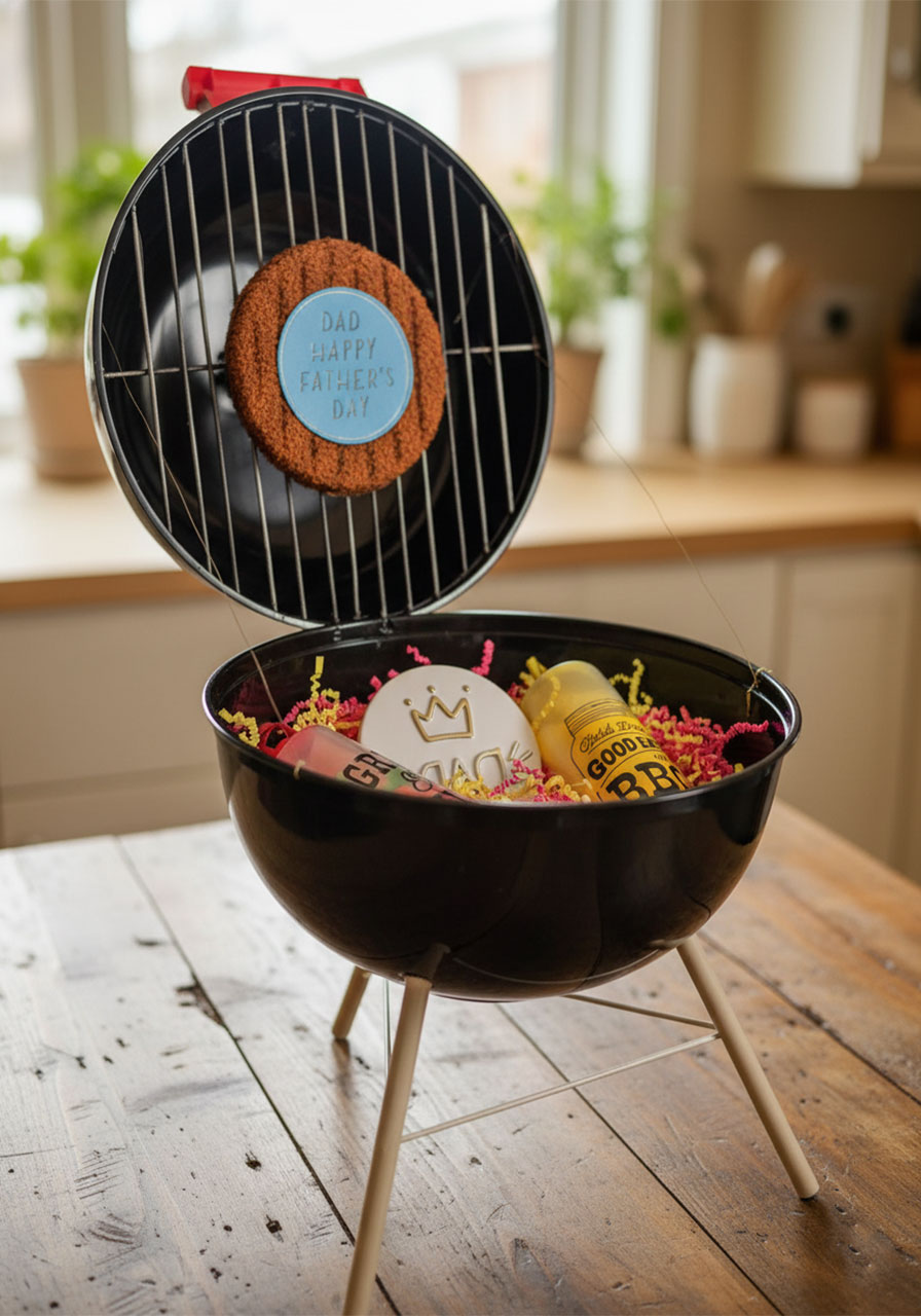 Completed DIY mini kettle grill Father's Day gift basket with open lid, burger grate display, and BBQ-themed gifts inside