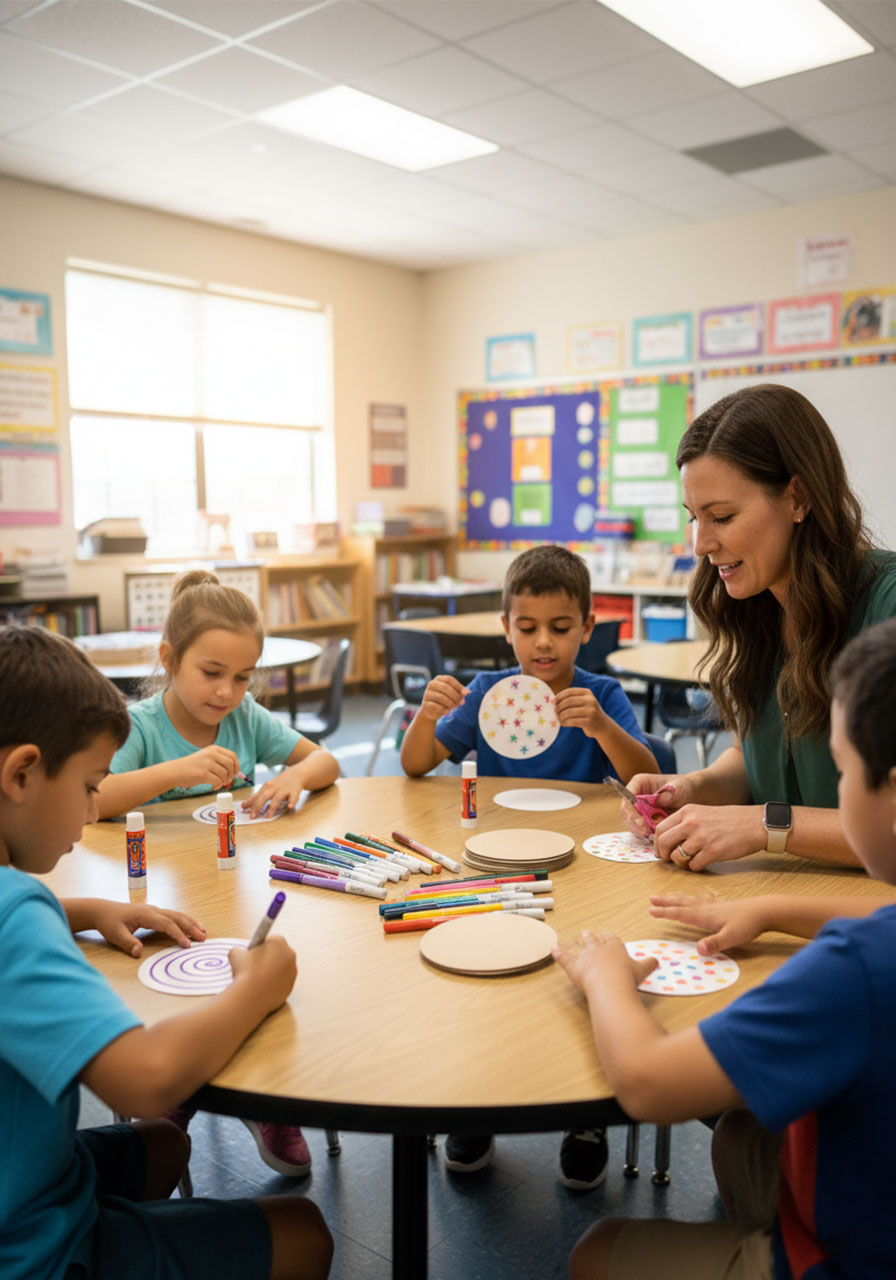Elementary school children working on DIY paper spinner craft at classroom table with teacher, showing different steps of the activity in group setting