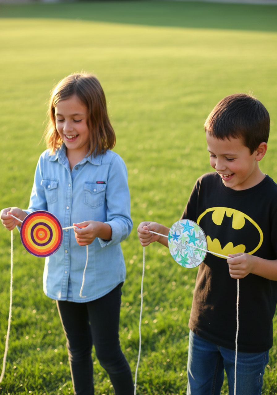 Two kids playing with completed DIY paper spinners outdoors on green grass, rainbow concentric ring design and star pattern, string stretched between hands mid-spin
