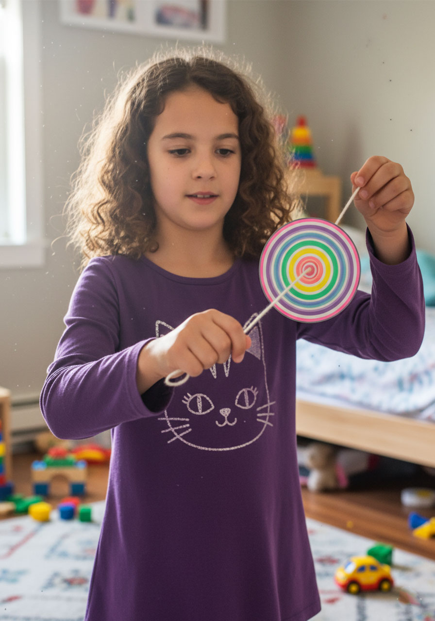 Close-up of DIY paper spinner disc mid-spin showing rainbow concentric rings blurring into merged color bands, child's hands holding taut white string