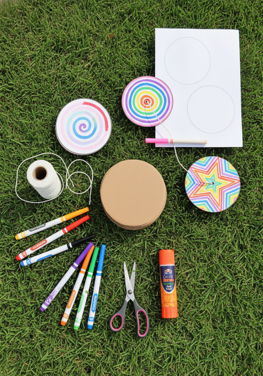 All supplies needed for DIY paper spinner craft laid out on grass — cardboard circles, white twine, rainbow Crayola markers, scissors, and Elmer's glue stick