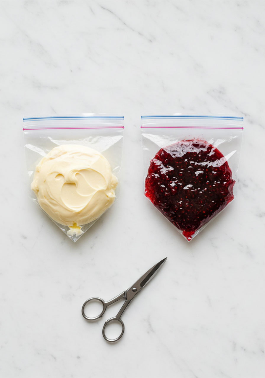 Two zip-top sandwich bags filled with vanilla buttercream and raspberry jam used as DIY piping bags for mini Victoria cakes