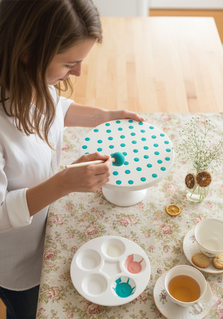 DIY tea party decoration showing how to paint polka dots on a white cake stand.