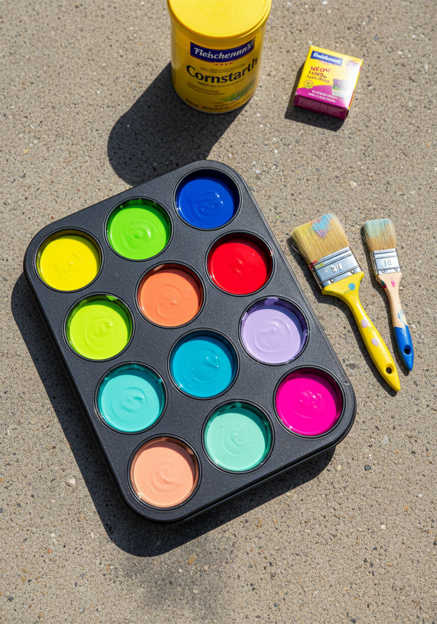 DIY sidewalk chalk paint in 12 vibrant colors mixed in a muffin tin with food coloring and cornstarch