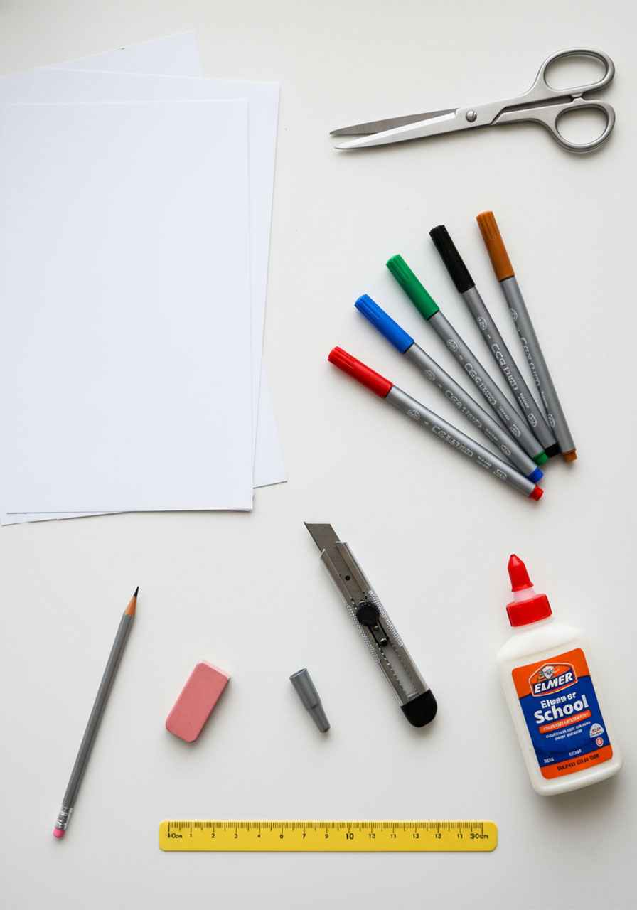 All craft supplies needed to make a DIY pop-up superhero card for Father's Day laid flat on a white table
