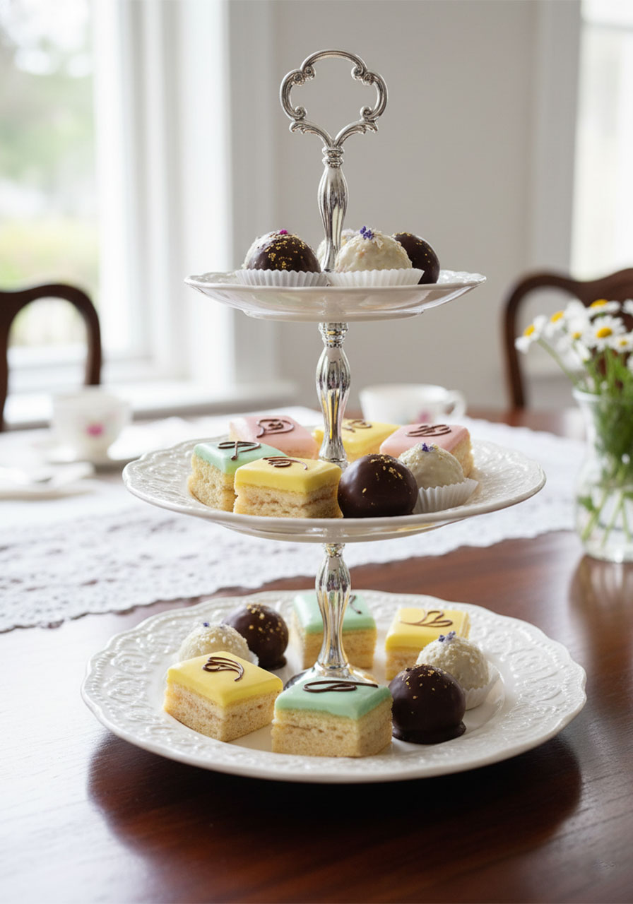 DIY tiered dessert stand for petit fours and cake truffles using vintage plates and candlesticks.