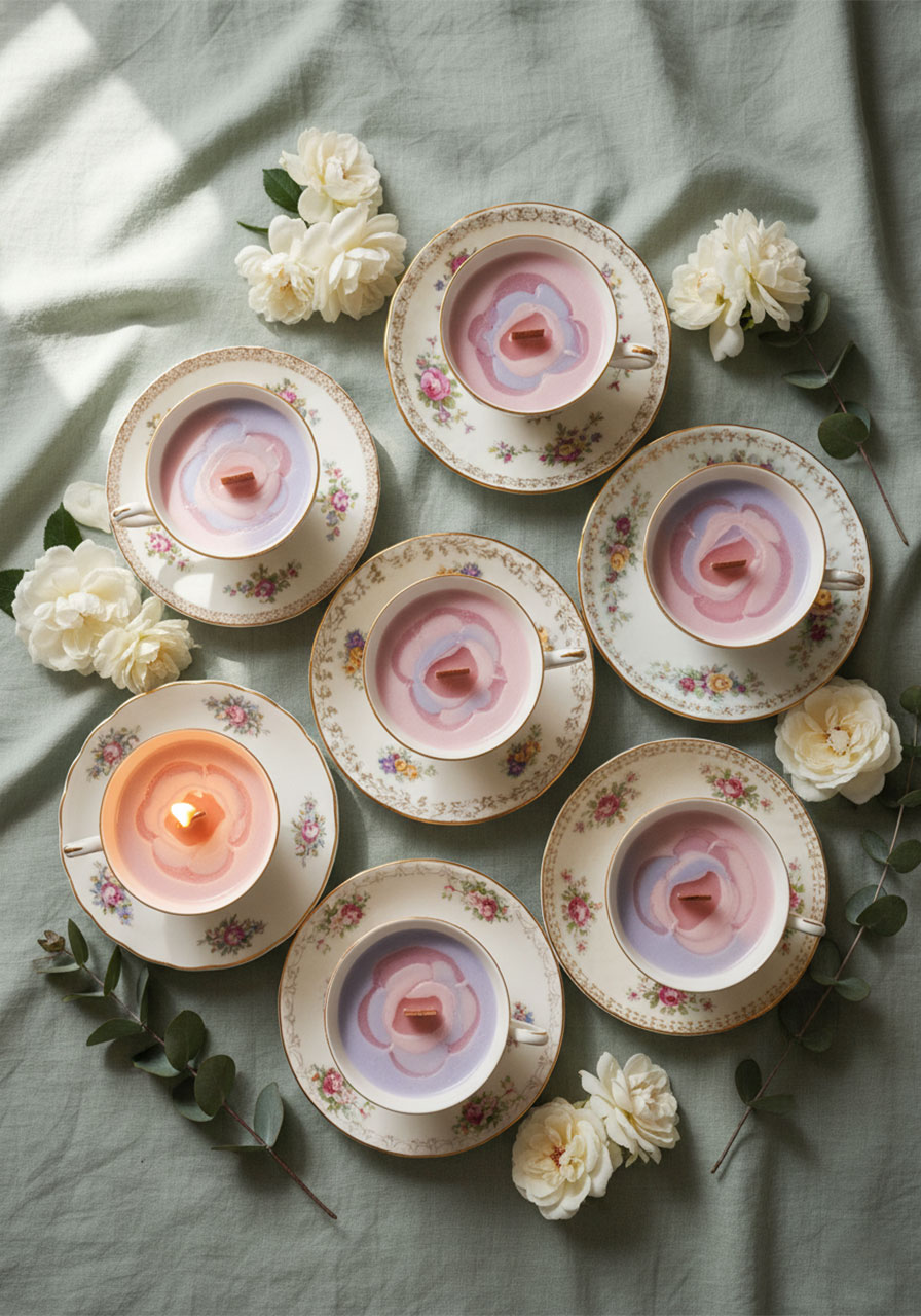 Finished DIY wood wick teacup candles in mismatched vintage china displayed on sage green linen with white roses