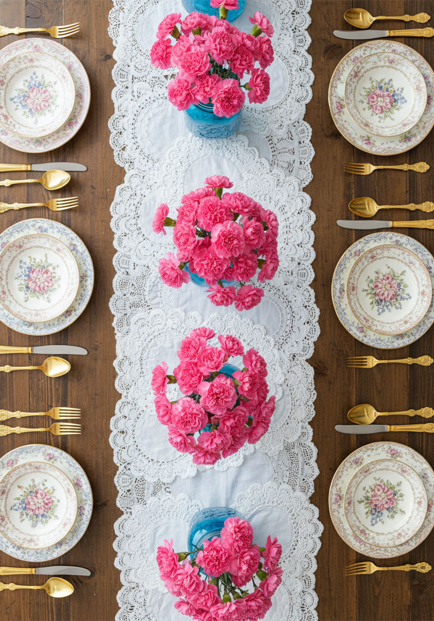 Overhead view of overlapping white doilies as a table runner on a wooden farmhouse tea party table