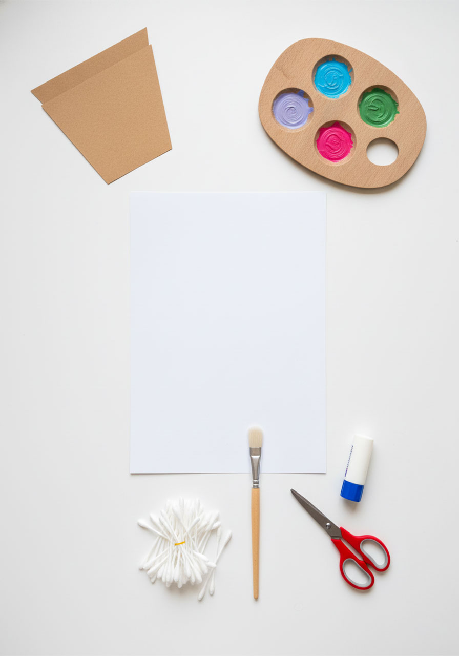 Flat lay of all supplies needed for dotted pastel hydrangea Mother's Day art including cotton swabs paint cardstock and glue