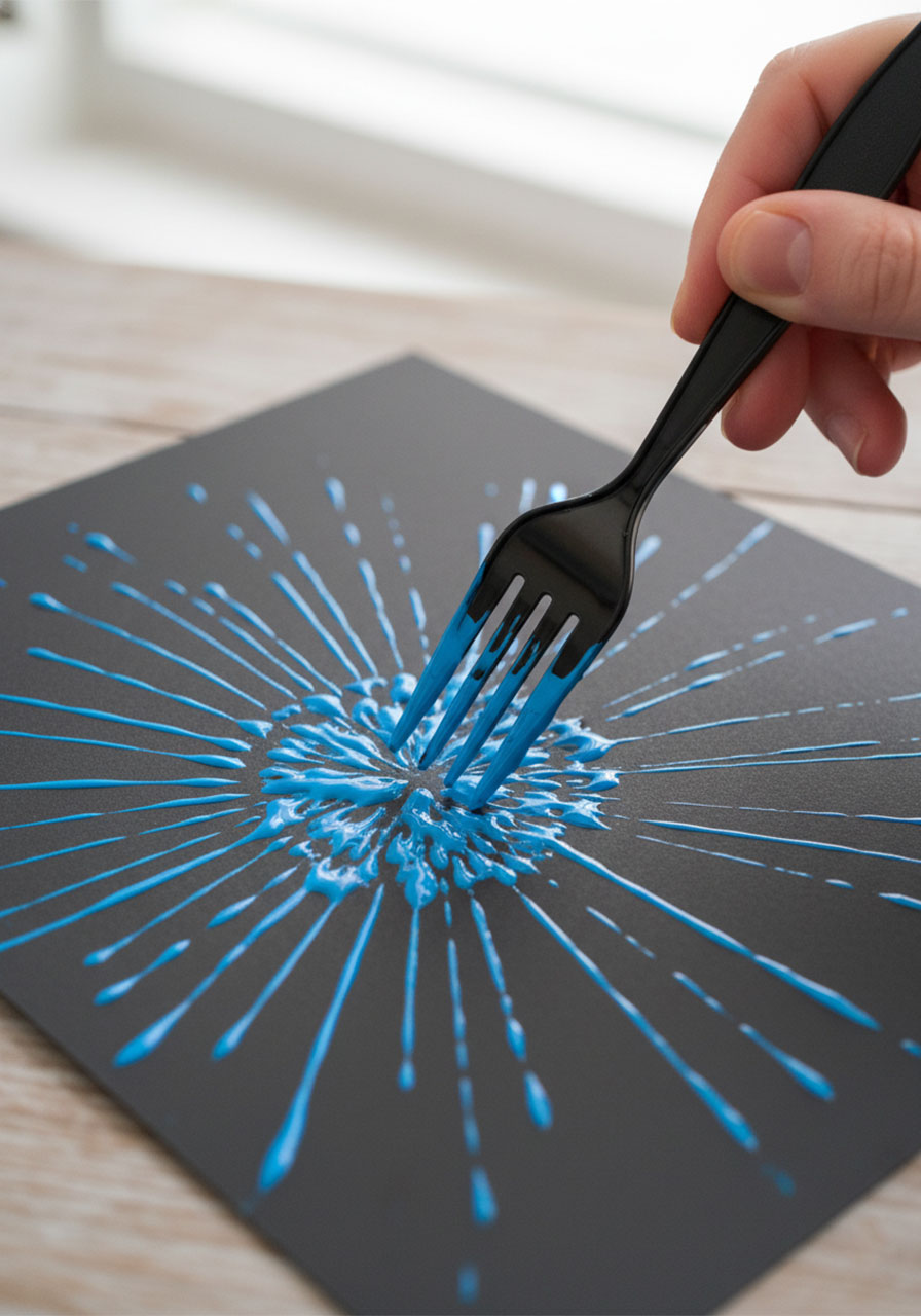 Hand dragging a paint-loaded fork outward on black paper to create radiating rays for a fork painted fireworks craft