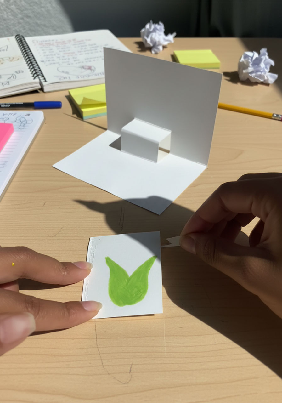 Child's hands drawing cute cartoon corn cob characters on white paper for a Father's Day pop-up card step2a