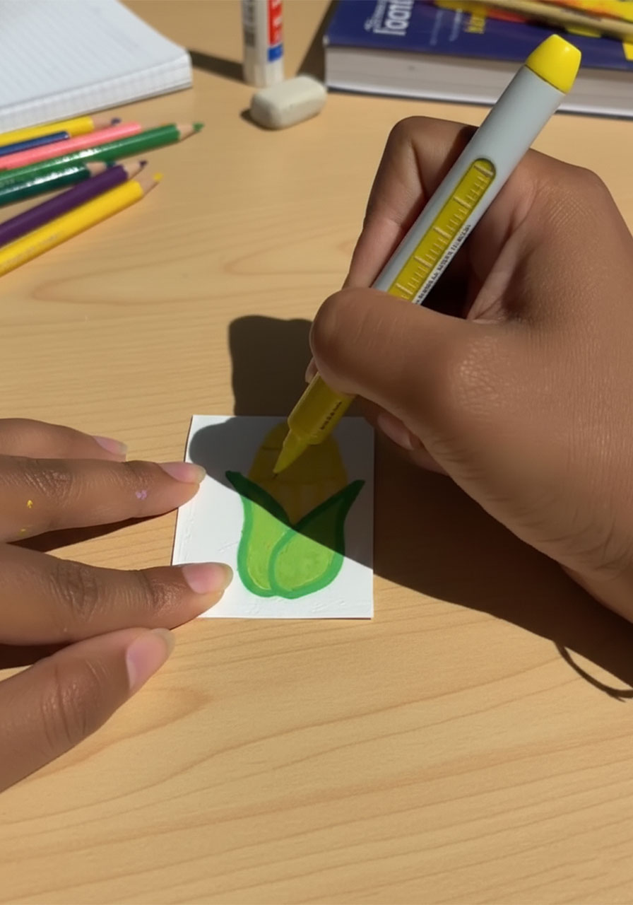 Child's hands drawing cute cartoon corn cob characters on white paper for a Father's Day pop-up card step2b