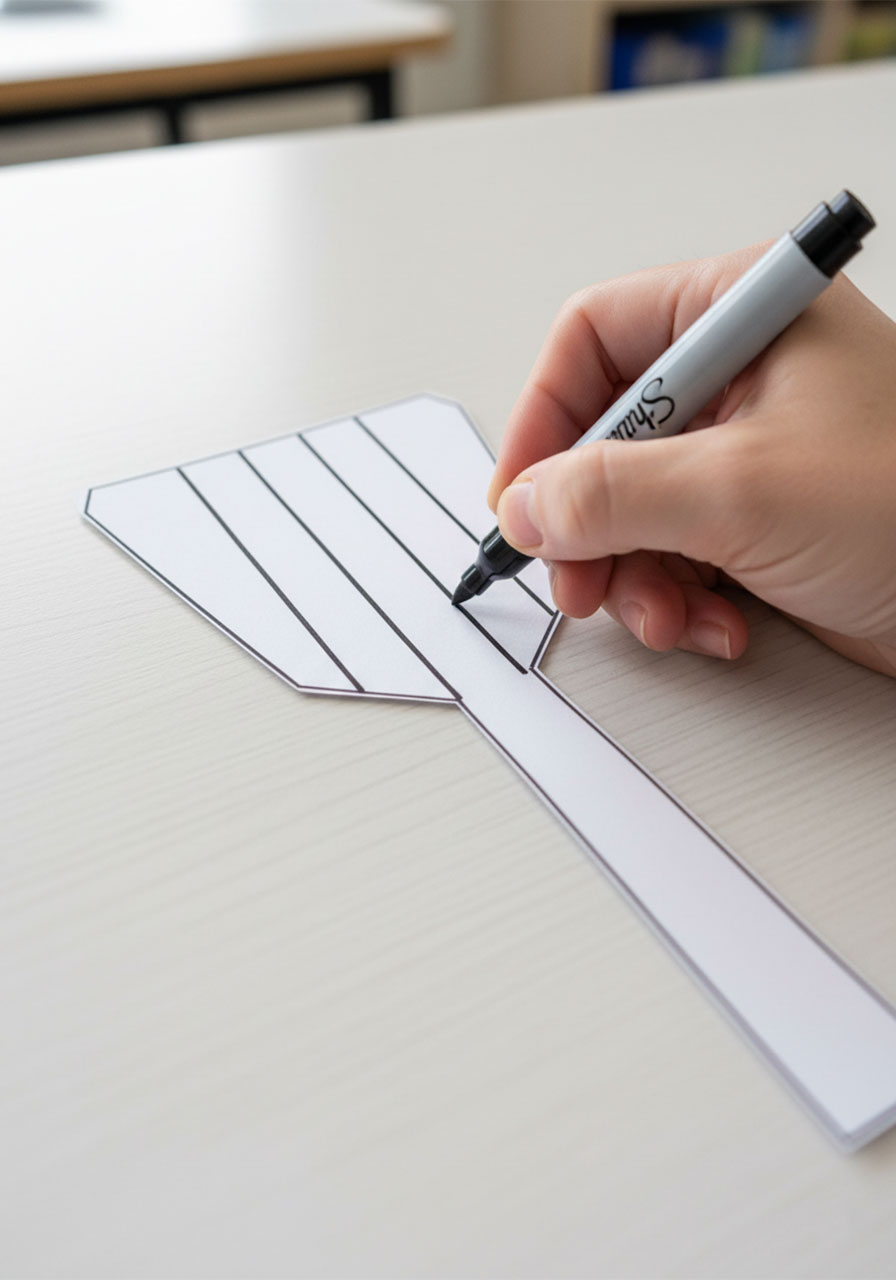 Close-up of hand drawing black slot lines on white cardstock spatula shape for Father's Day BBQ grill craft