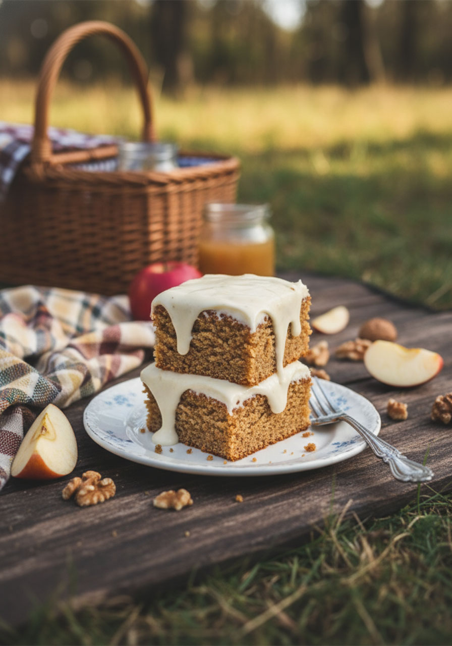 Two moist applesauce cake slices stacked on a white plate with thick cream cheese frosting
