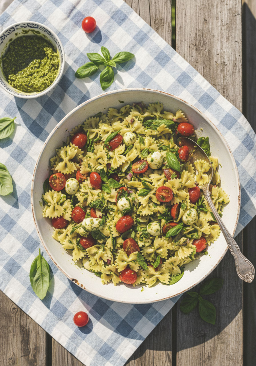 Easy bow tie pasta salad recipe in a white serving bowl with cherry tomatoes, bocconcini cheese, spinach, basil, and pesto dressing — perfect party food for a crowd