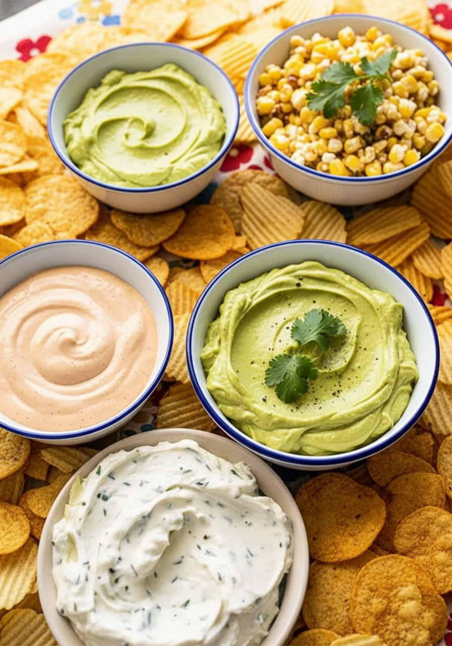 Close-up of four dip bowls including avocado dip, spicy garlic dip, street corn dip, and sour cream chive dip on a chips platter
