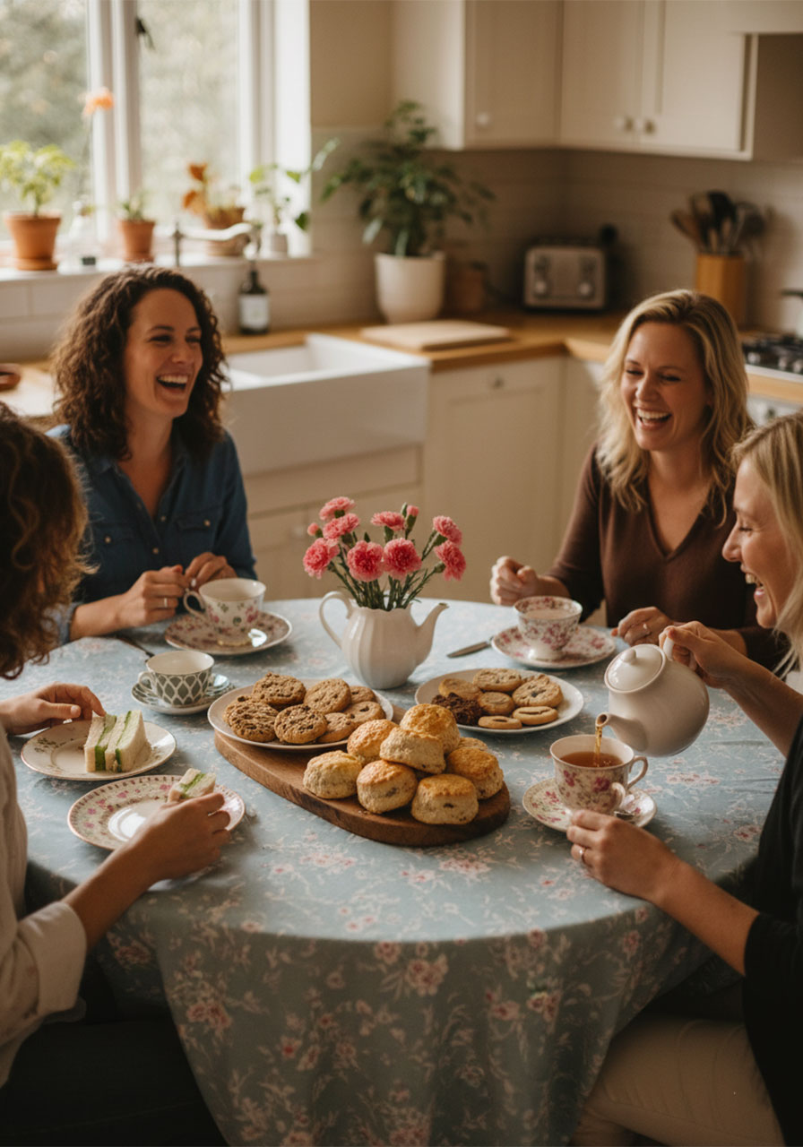 Four women enjoying a relaxed no-fuss afternoon tea party at home with mismatched teacups and casual table setting