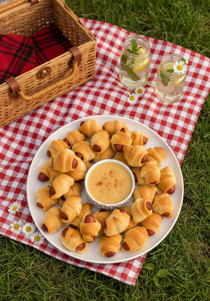 Easy pigs in a blanket on a white serving platter with honey mustard dipping sauce, golden crescent dough bites perfect for party finger food