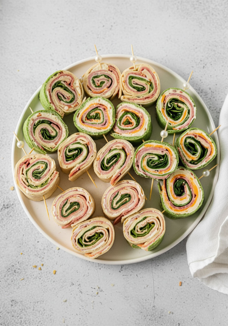 Easy pinwheel sandwiches on a white party platter showing alternating green and white tortilla rolls with colorful meat, cheese, and spinach spiral layers