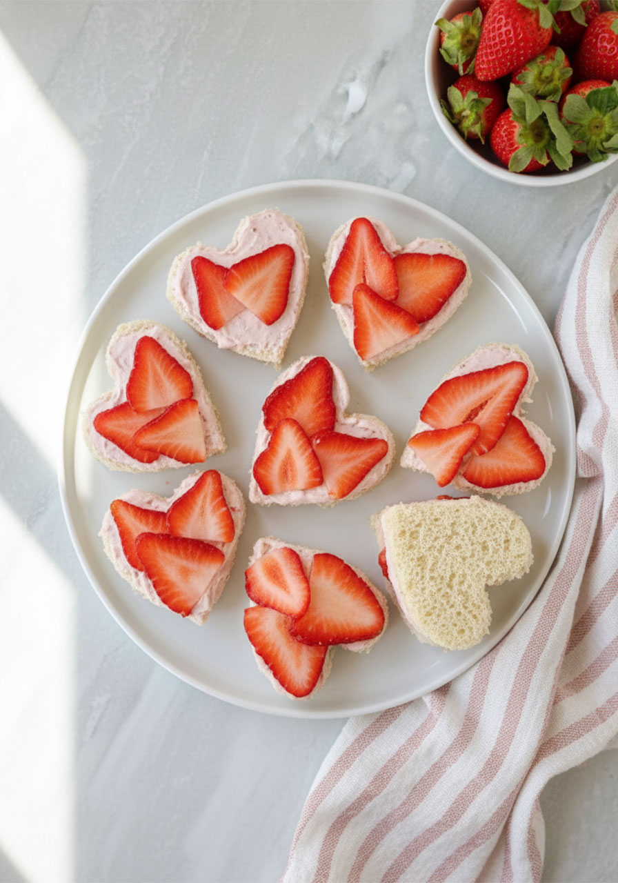 Overhead view of heart-shaped strawberry cream cheese tea sandwiches arranged on a white plate for a sweet tea party lunch