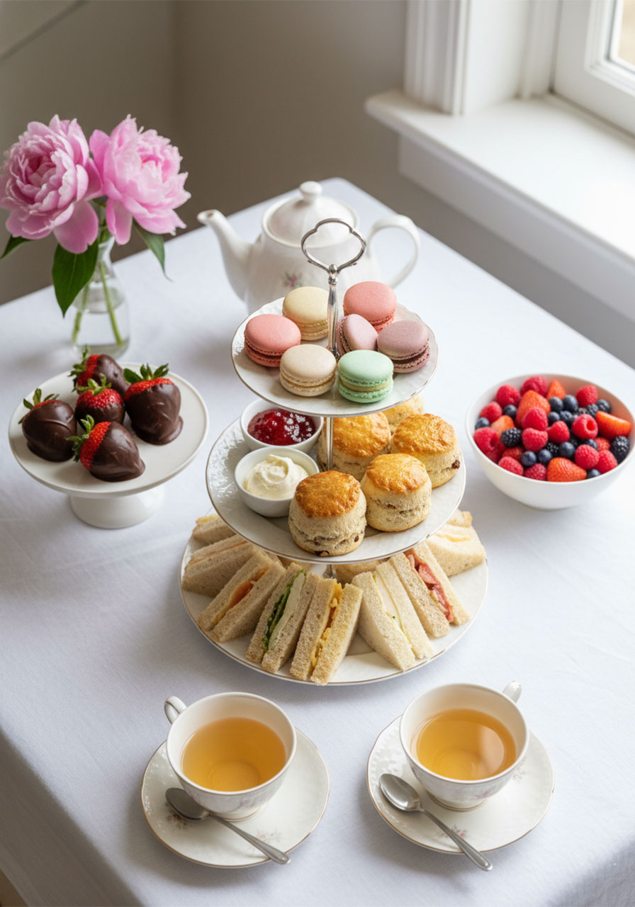 Complete easy tea party snacks spread on a white table with tiered tray, finger sandwiches, scones, macarons, and fresh strawberries	