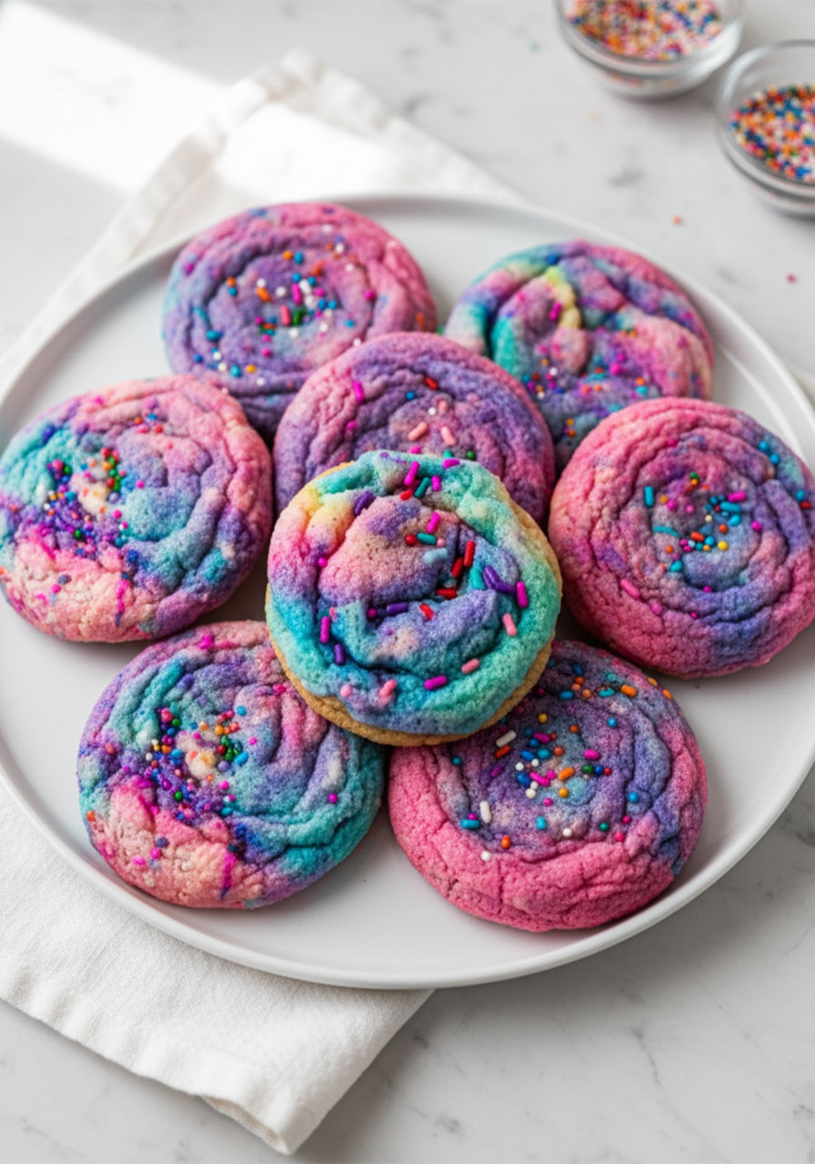 Easy unicorn cookies with pink, blue, and violet swirled dough and rainbow sprinkles on a white plate — perfect fun birthday party treat for kids