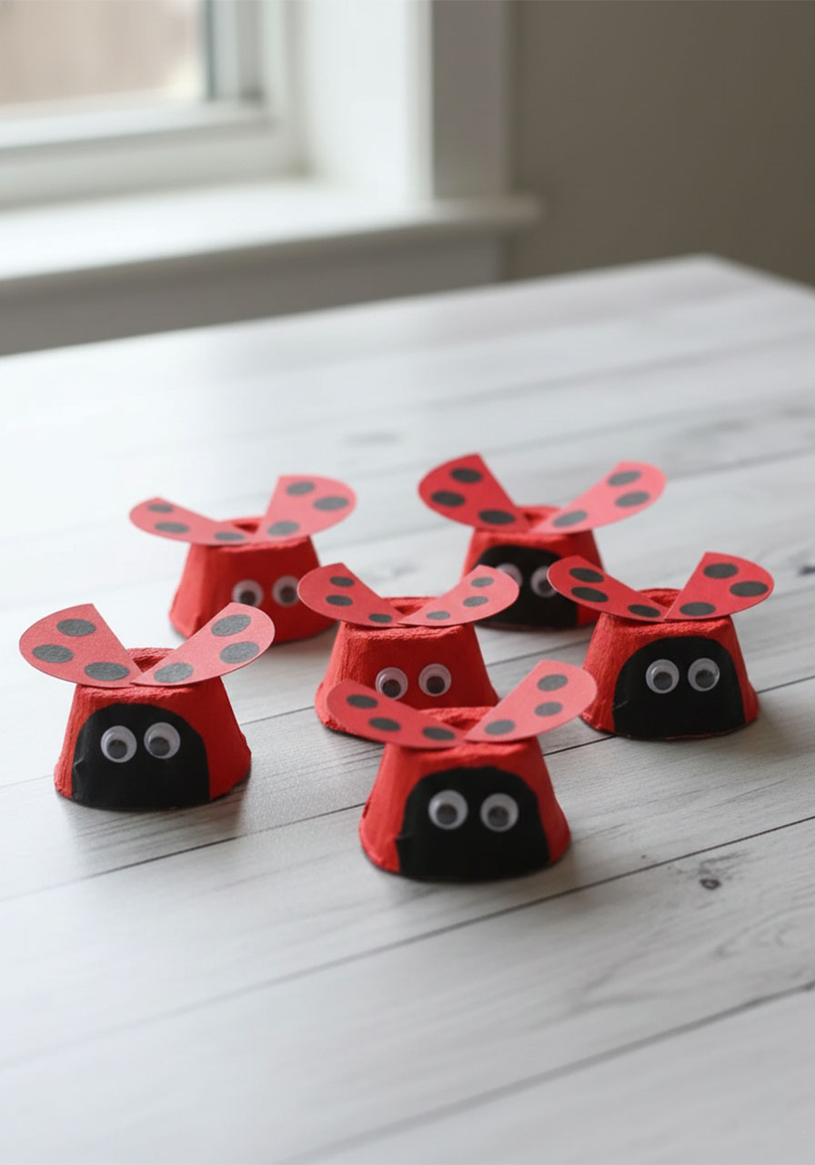 Finished egg carton ladybug craft for kids — five cute ladybugs made from painted egg carton cups with red paper wings and googly eyes
