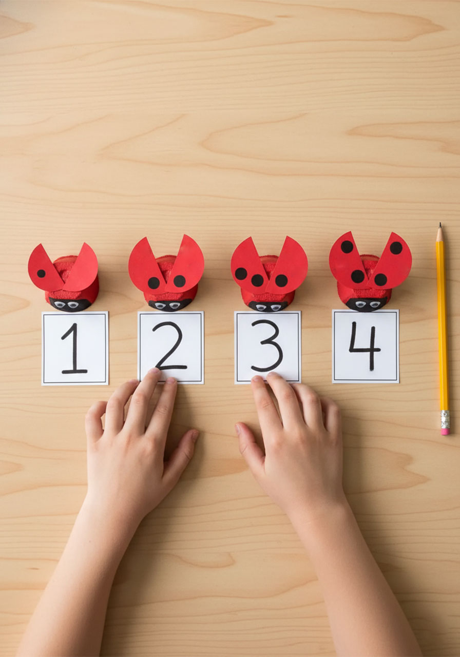 Using finished egg carton ladybug crafts for a preschool math counting activity — arranging ladybugs by number of spots from 1 to 4