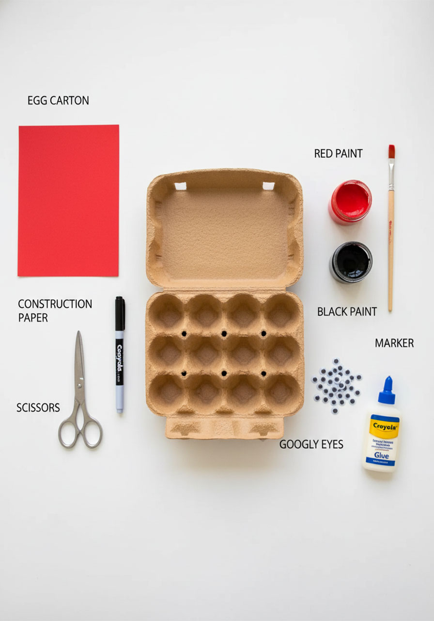 All supplies needed for egg carton ladybug craft including egg carton, red and black paint, construction paper, scissors, googly eyes, and glue